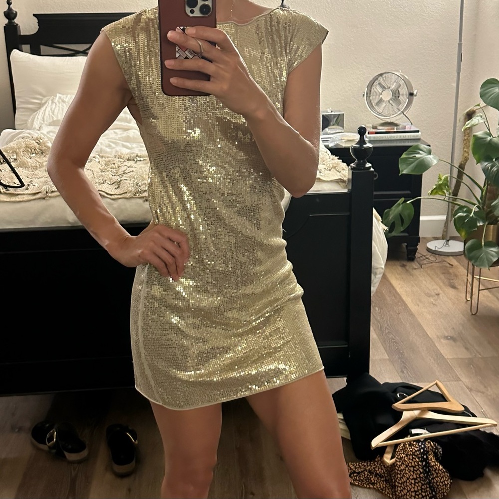 Alice + Olivia gold sequin mini dress.